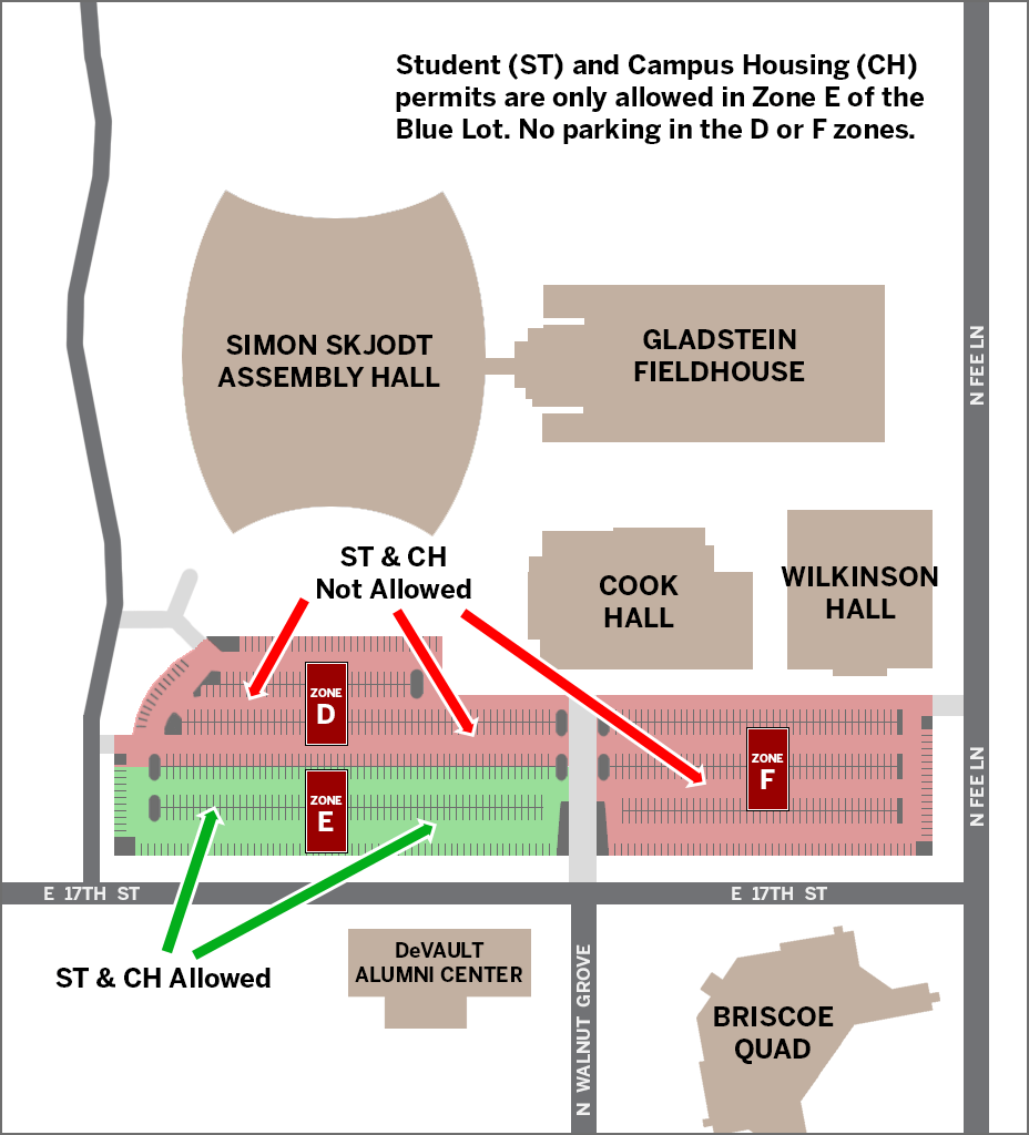 Map showing "E" zone where ST and CH parking permitted vehicles may park