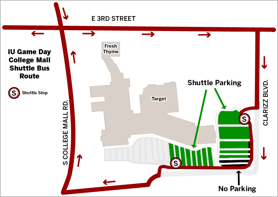 Map of College Mall showing where to park for the football shuttle