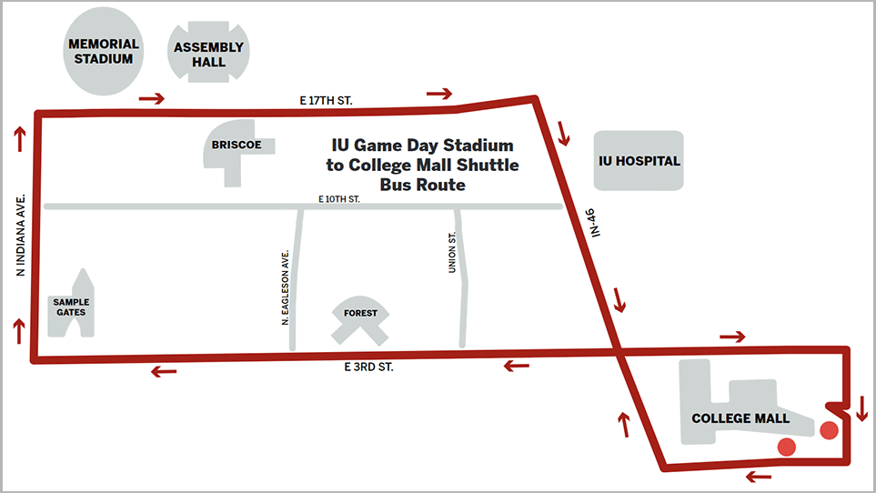 Map showing the football shuttle route from Memorial Stadium to the College Mall. 