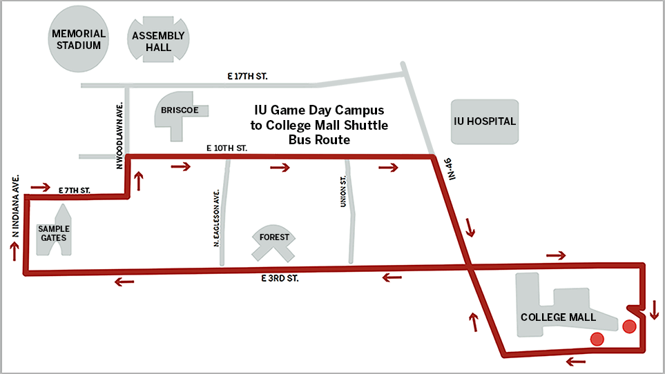 Map showing the football shuttle route from Memorial Stadium to the College Mall. 