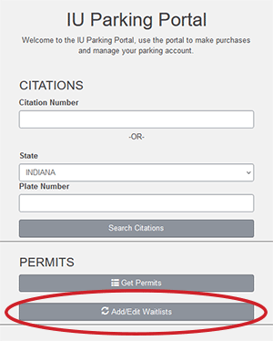 Image highlighting the Add/Edit Waitlists button in the Parking Portal